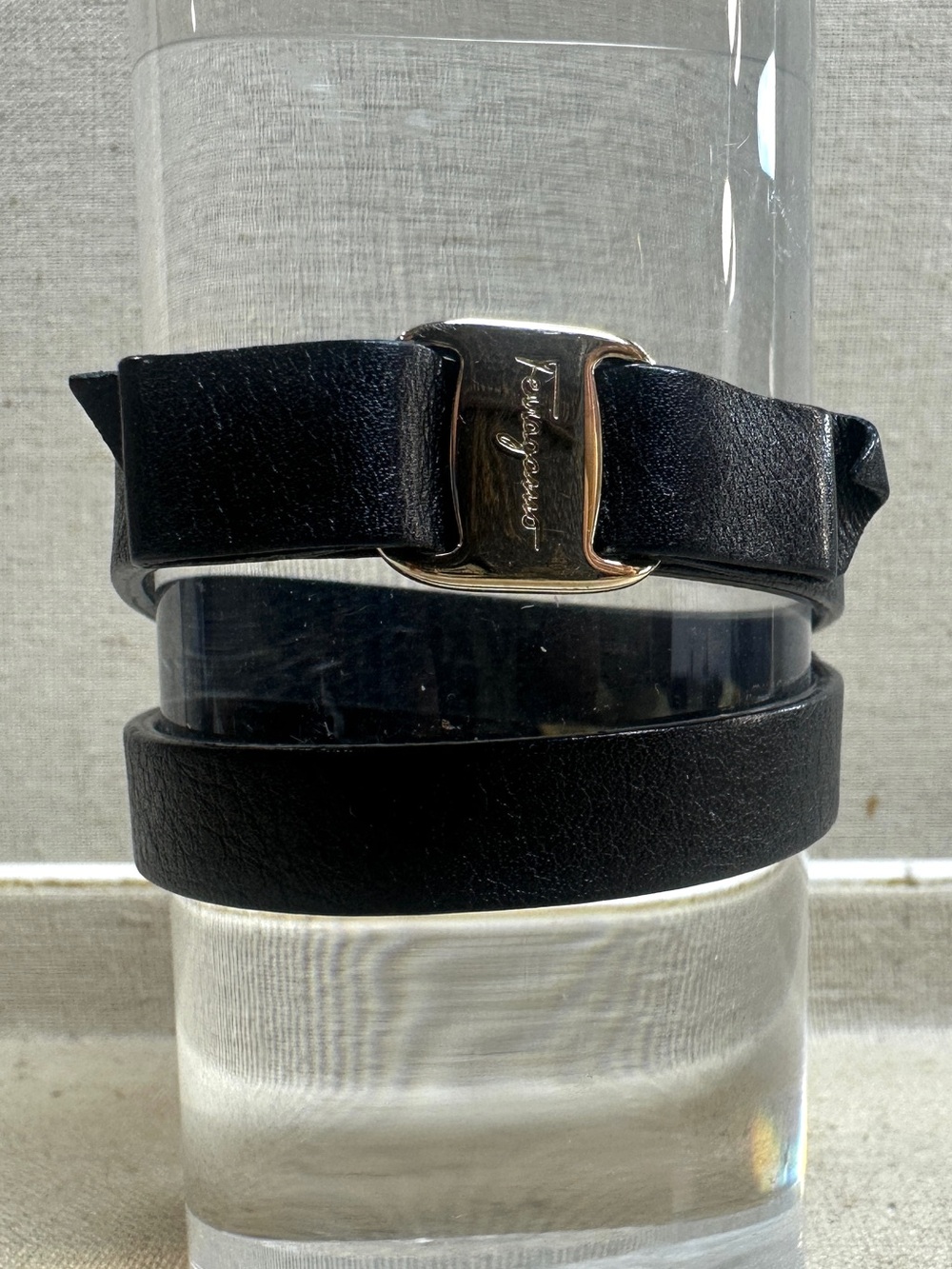 Salvatore Ferragamo double wrap leather bracelet with gold tone logo